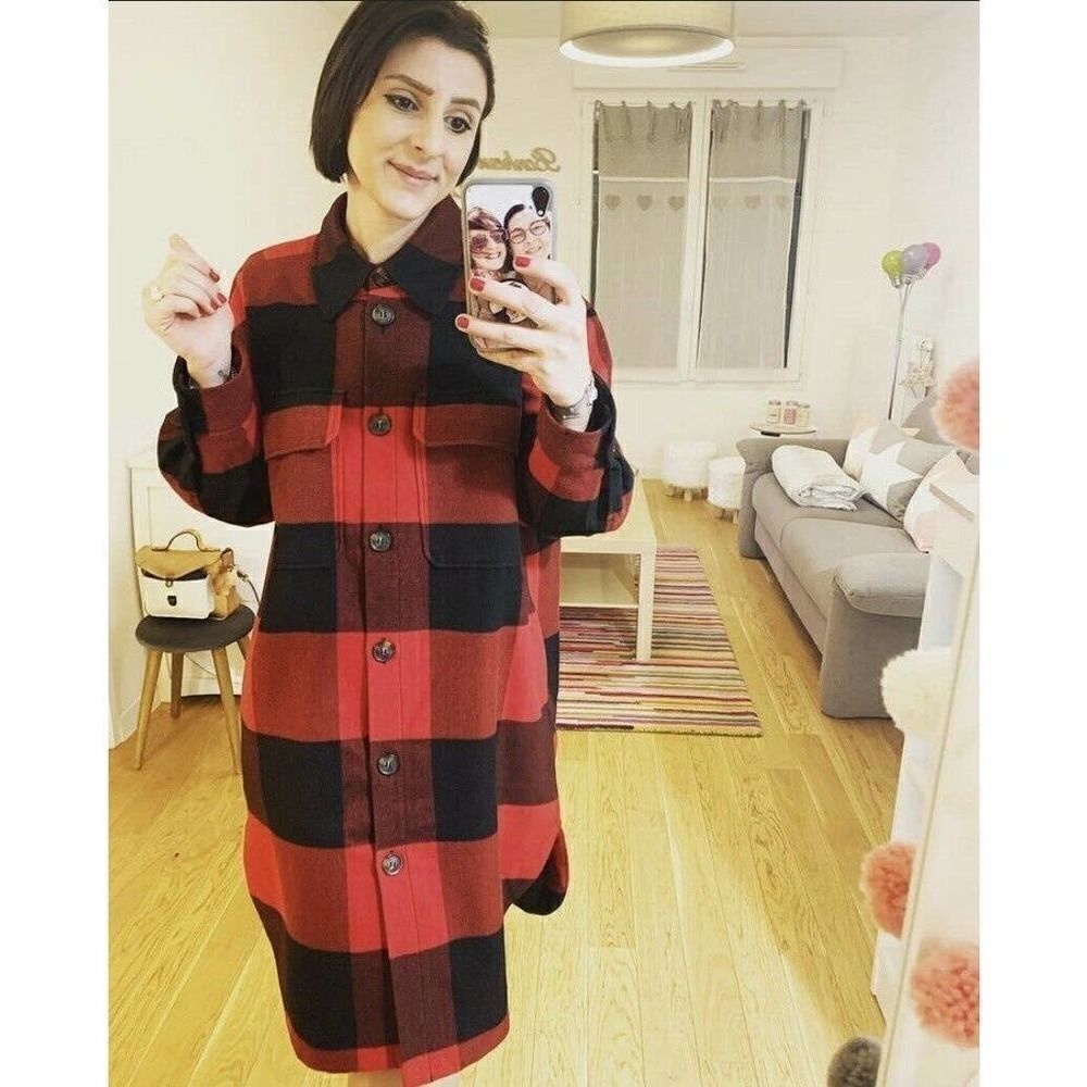 Plaid Shacket Shirt Jacket H&M Bloggers Red Black - Picture 4 of 7